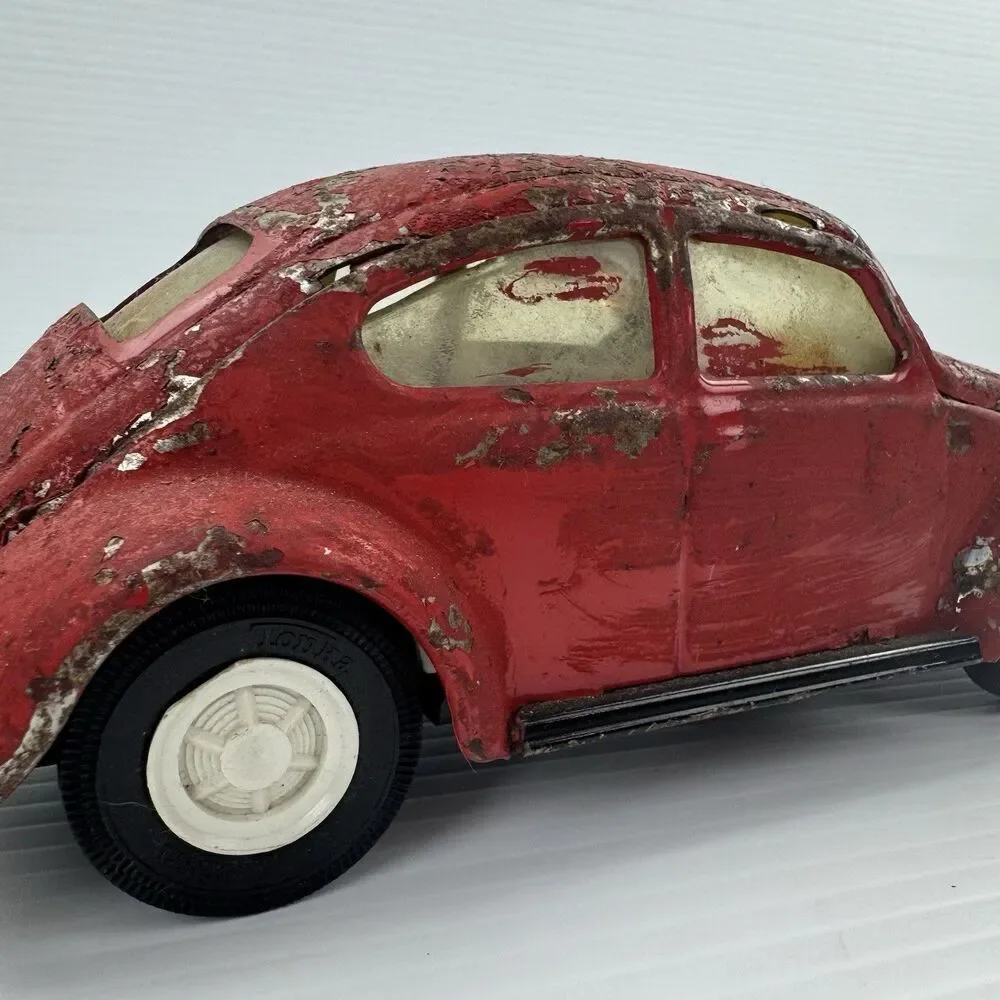Vintage Tonka VW Bug Beetle Toy Car Red Distressed Metal Large Scale